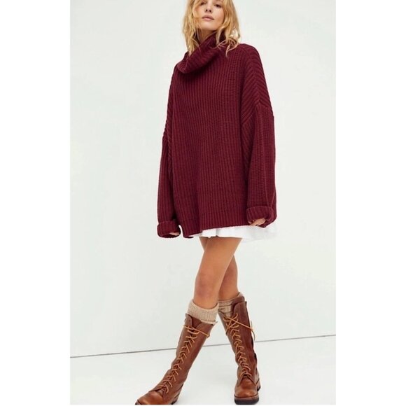 Free People Swim Too Deep Turtleneck Oversized Pullover Sweater Maroon Small S - Picture 1 of 7